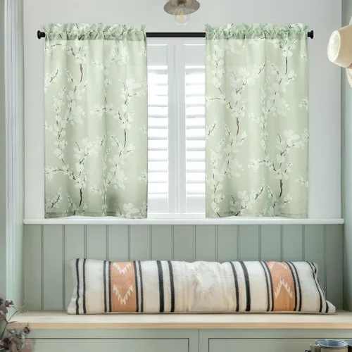 Vista 6 de FMFUNCTEX Cortinas de Nivel de Cocina Verde y Blanco de 24 Pulgadas de Largo con Estampado de Flores, Cortinas de Media Ventana para Baño