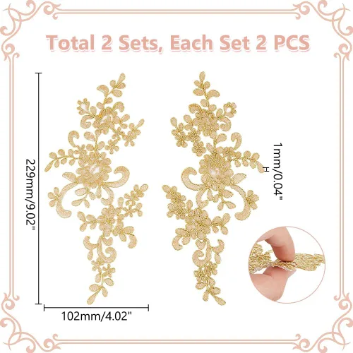 Vista 2 de 4 parches bordados para vestido de novia con flores de encaje de 9 x 4 pulgadas, parches de flores de hojas doradas, apliques florales, vestido
