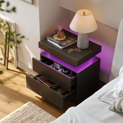 Vista 3 de Juego de 2 mesitas de noche con 2 cajones de madera, moderna mesita de noche LED para dormitorio