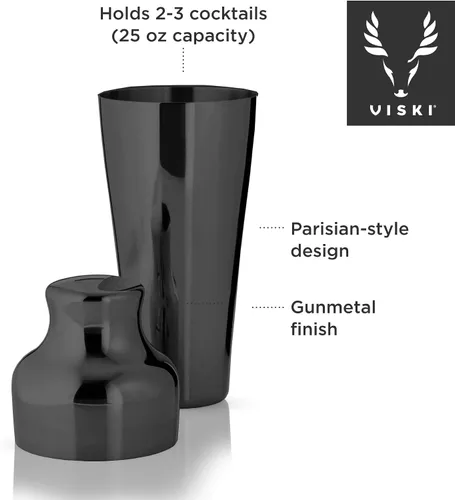 Vista 2 de Viski Coctelera parisina contorneada de acero inoxidable pulido de alto brillo con tapa y colador integrados, color negro, juego de 1 unidad de 25
