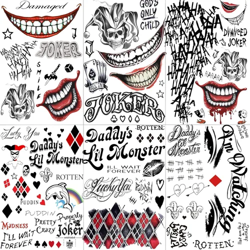 Vista 10 de VANTATY 5 hojas de tatuajes temporales 3D de Halloween Joker para hombres, mujeres y adultos, gótico, estilo de Halloween, impermeable, patrón de A