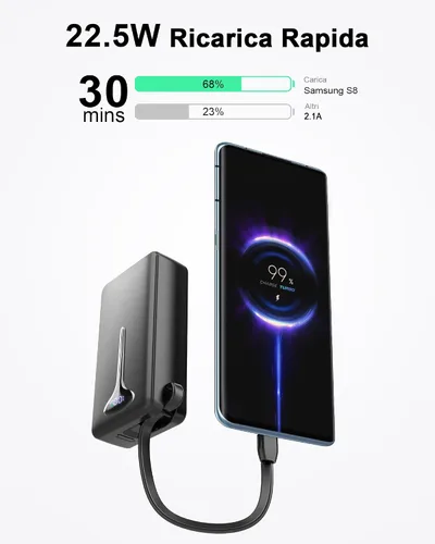 Vista 2 de Banco de energía de 10000mAh, Cargador portátil USB C 2025, Banco de energía de carga rápida de 22.5W con cable incorporado, Cargador de teléfono