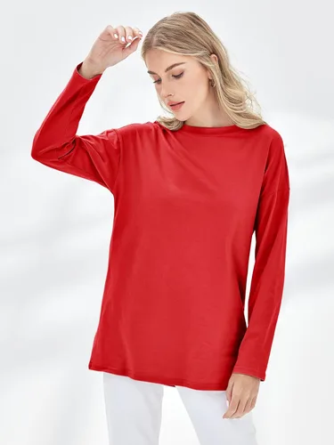 Vista 72 de Fisoew Camisetas de manga larga para mujer, holgadas, casuales, con cuello redondo, blusa suave