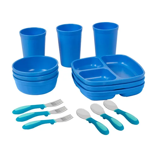 Vista 10 de ECR4Kids My First Meal Pal Combo Set, Vajilla Infantil, Azul, 15 Piezas (Paquete de 4)