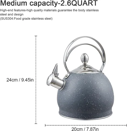Vista 7 de Creative Home - Tetera silbadora de acero inoxidable de 2.5 cuartos de galón, color gris opaco Parte inferior capsulada de aluminio, ebullición