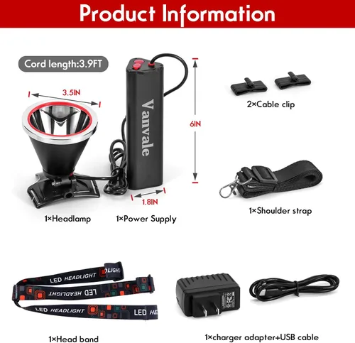 Vista 6 de Linterna frontal LED recargable de alta potencia, IPX4 impermeable con cargador, lámpara de caza de larga duración para correr, pesca, campamento