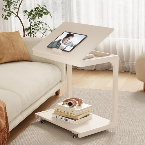 Vista 17 de AQIMUELE Mesa auxiliar de madera en forma de C, escritorio de sofá con 2 ruedas con cerradura, mesa de sofá de 4 niveles con bolsa de Natural