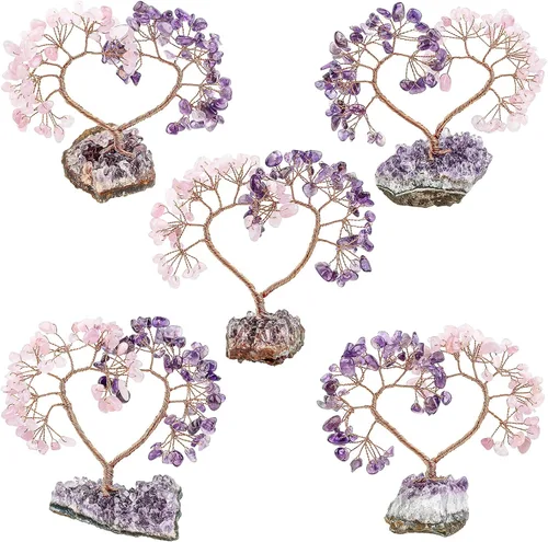 Vista 6 de TUMBEELLUWA Árbol de dinero con piedras de cristal con base de racimo de amatista natural, hecho a mano, figura de amor, árbol bonsái para buena