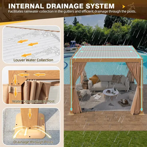 Vista 4 de MELLCOM Pérgola con Persianas – Pérgola de Aluminio de 10 x 10 pies con techo de persianas ajustables y cortinas y redes impermeables