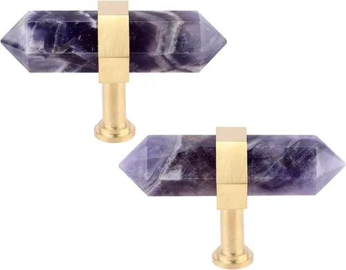 Vista 7 de 2 pomos hexagonales de piedra de ojo de tigre con tornillos, barra en T, tiradores de piedra de latón cepillado para gabinete, cocina, aparador