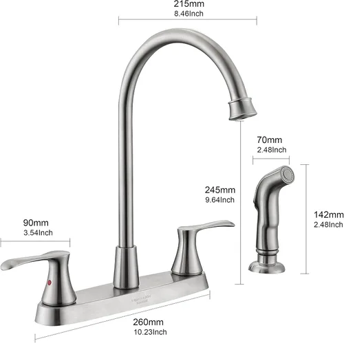 Vista 7 de Grifo de Cocina KirlystonE con Pulverizador Lateral, Grifo de 2 Manijas de Níquel Cepillado para Fregadero de Cocina de 4 Agujeros