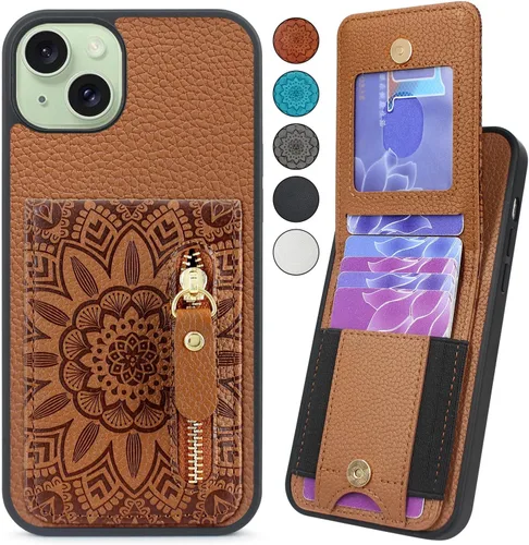 Vista 9 de Funda compatible con iPhone 15 Plus con ranuras elásticas para tarjetas, bolsillo con cremallera, soporte magnético a presión para iPhone 15 Plus 14