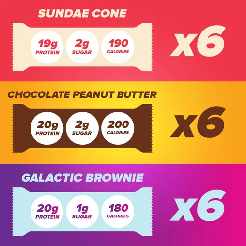 Vista 2 de Pure Protein - Paquete surtido de 18 unidades - Brownie galáctico, cono de helado, mantequilla de maní con chocolate 0.11 oz de azúcar, 190