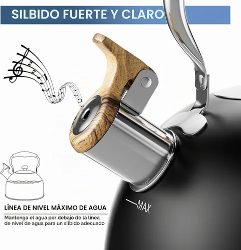 Vista 3 de Hervidor de té silbante de 2.6 cuartos de galón para estufa, de acero inoxidable de grado alimenticio con mango de madera con patrón fresco Negro