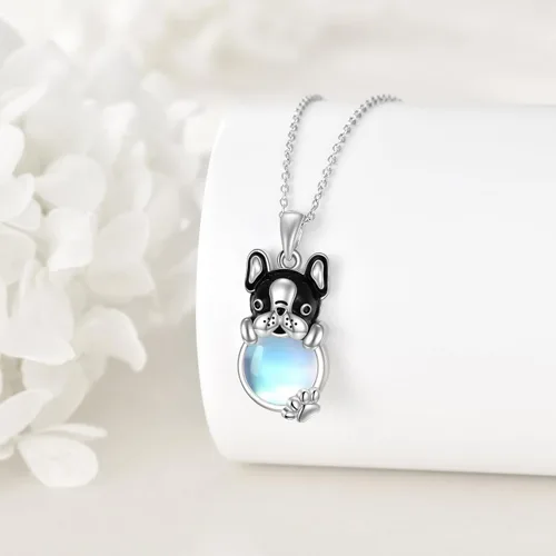 Vista 5 de KQF Collar de plata de ley con diseño de gato y bulldog francés, vacapanda, lindo animal con piedra lunar, regalo de joyería para mujeres y niñas