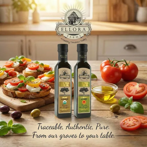 Vista 3 de Ellora Farms, Aceite de oliva virgen extra griego orgánico y DOP, rastreable, Kosher y primera prensa en frío, alto polifenoles, botellas de vidrio