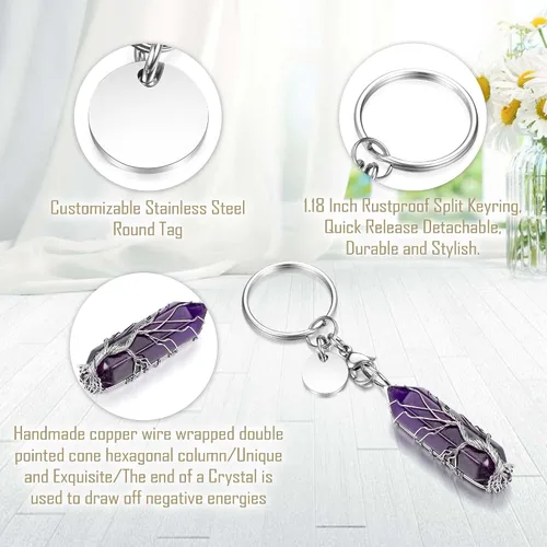 Vista 5 de GEHECRST Llavero de cristal envuelto en alambre con piedra de cristal curativo, llavero de piedra preciosa para regalo de mujer