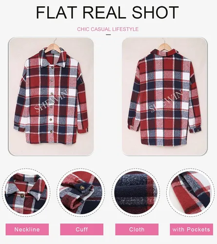 Vista 4 de SHEWIN - Camisas de franela, de manga larga, a cuadros, con solapa y botones para mujer