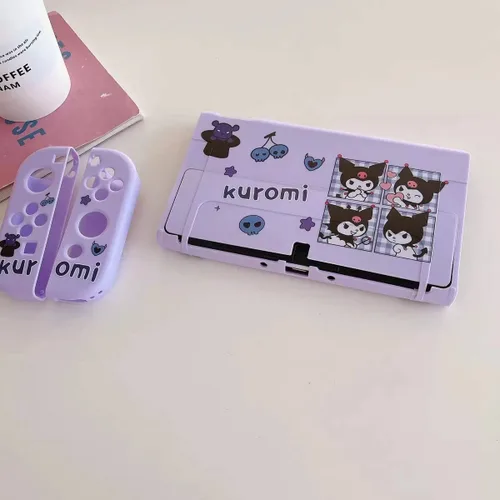 Vista 6 de Cute Kuromi Case Compatible with Nintendo Switch OLED Dockable Case Cover Ergonomic Soft TPU Grip Case for Joycon Sparkle Skin Set