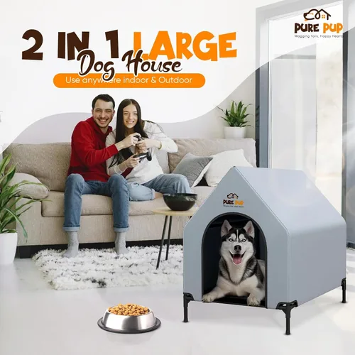 Vista 7 de Casa extragrande para perros al aire libre con toldo de techo, cama elevada con ventanas de malla de 16.1 x 11.4 x 9.8 in/19.2 lbs - Refugio