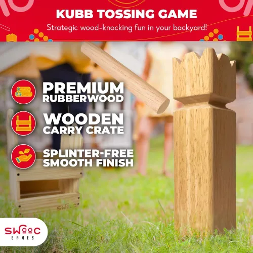 Vista 2 de SWOOC Games - Juego de Kubb Yard - Juego de ajedrez vikingo de madera dura premium con caja de madera - para adultos y niños - Juego de Kubb