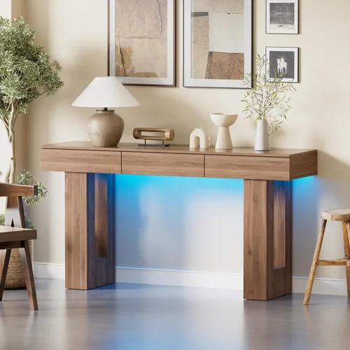 Vista 5 de PAKASEPT - Mesa de consola de 63 pulgadas con luces LED coloridas y 3 cajones, mesa de sofá rectangular de madera detrás del sofá, mesa de entrada