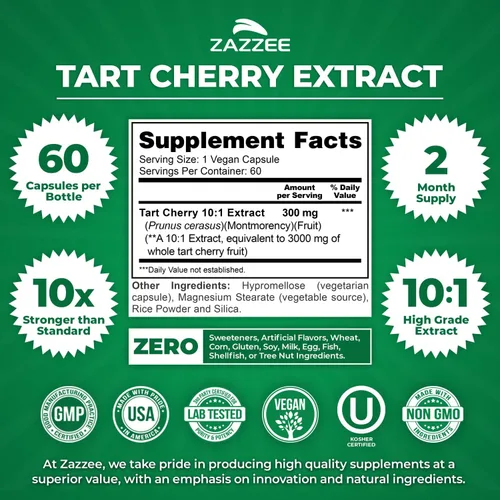 Vista 3 de Zazzee - Extracto de cereza agria 10:1, 60 cápsulas veganas, suministro para 2 meses Montmorency Cherry, Certified Kosher, Joint & Uric Acid