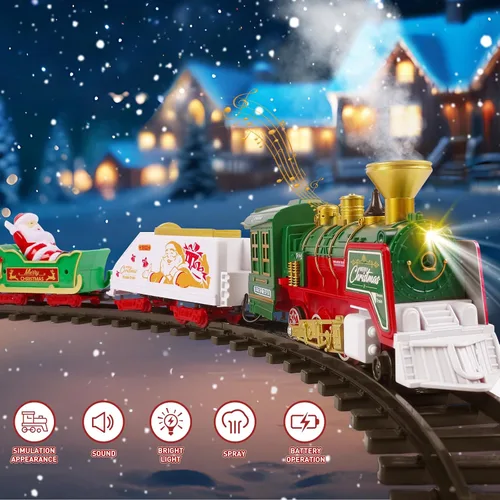Vista 6 de TERRAMUS Juego de tren de Navidad – Juguetes de tren colgante con luz ahumada y sonido para niños y niñas, juego de tren alrededor debajo del árbol