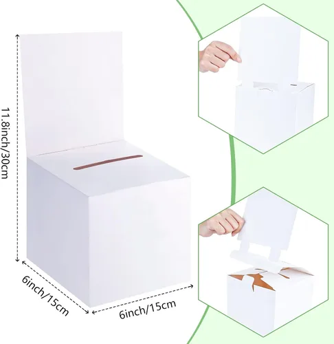Vista 3 de Juego de 12 cajas para rifas, urnas y buzones de sugerencias con ranura, cajas de cartón para rifas de 15 x 15 x 15 cm con ranura para boletos