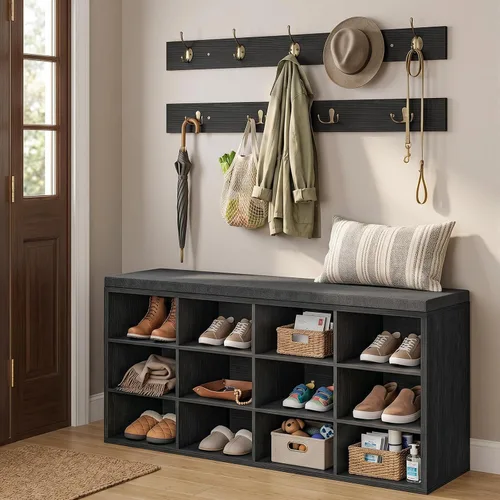 Vista 2 de HOOBRO Banco de almacenamiento de zapatos con cojín, banco de entrada de 39.4 pulgadas de largo con 12 cubículos, árbol de entrada