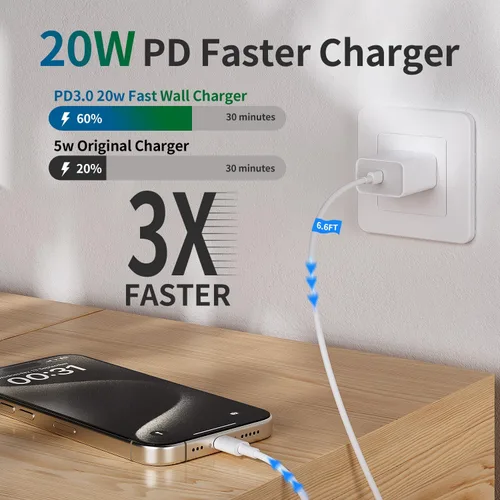 Vista 2 de Cargador de carga rápida para iPhone 14, 13, 12, 11 [certificado MFi], paquete de 3 bloques de cargador de pared USB C PD de 20W con cable USB C a