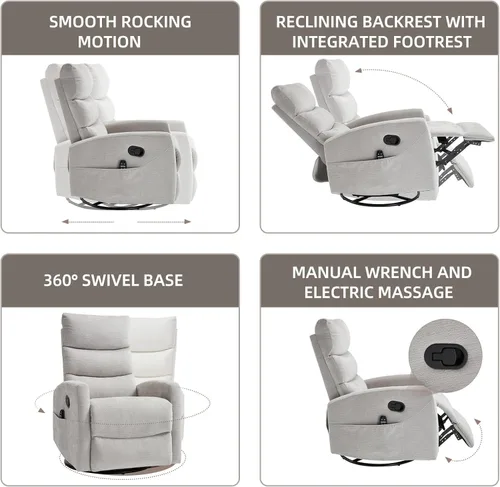 Vista 5 de Silla reclinable giratoria de 360° con masaje y calor, respaldo alto con relleno, silla mecedora tapizada para cuarto de bebé, sala de estar
