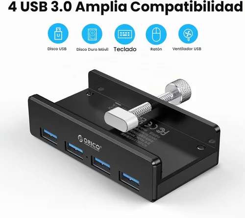 Vista 4 de ORICO Hub USB 3.0, Abrazadera de Hub USB, Divisor USB de Aluminio de 4 Puertos con Puerto de Fuente de Alimentación Adicional y Cable de Datos USB