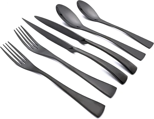 Vista 8 de Juego de cubiertos de 24 piezas, espejo de acero inoxidable 18/10, servicio de vajilla de lujo para 4, cuchillo de carne, postre, accesorios