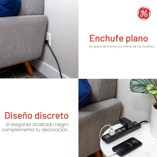 Vista 3 de GE - Protector de sobretensión de 6 tomas, extensión de 6 pies, multicontactos, 800 julios, enchufe plano, tapas de seguridad de cierre por torsión