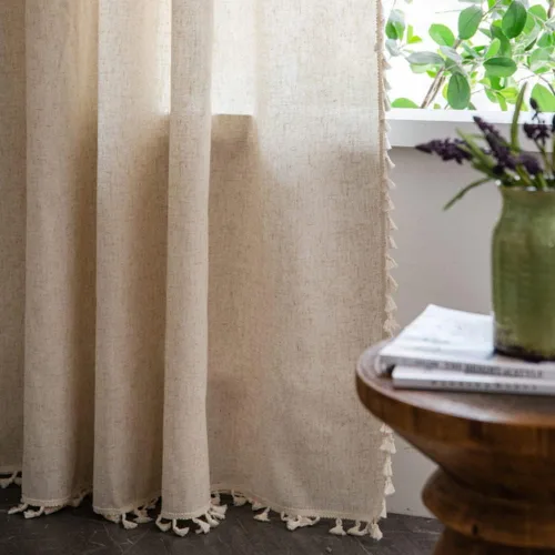 Vista 2 de AMZALI Cortinas texturizadas de lino y algodón con borlas, cortinas semiopacas para ventana, paneles de cortina con bolsillo para barra, cortina