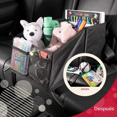 Vista 6 de Lusso Gear Organizador de asiento de automóvil, portavasos integrados y bolsillos de malla, organizador plegable para asiento trasero con asas