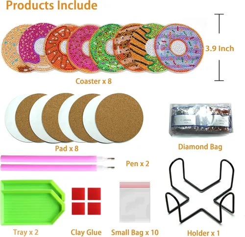 Vista 3 de Kit de posavasos de arte de diamante con soporte, 8 posavasos de arte de diamante para adultos, niños, principiantes, regalos de manualidades (donas)