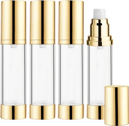 Vista 10 de 4 botellas de plástico transparente sin aire de 0.5 fl oz/0.5 oz con cabeza dorada, vacíos, rellenables, al vacío, cosméticos, almacenamiento