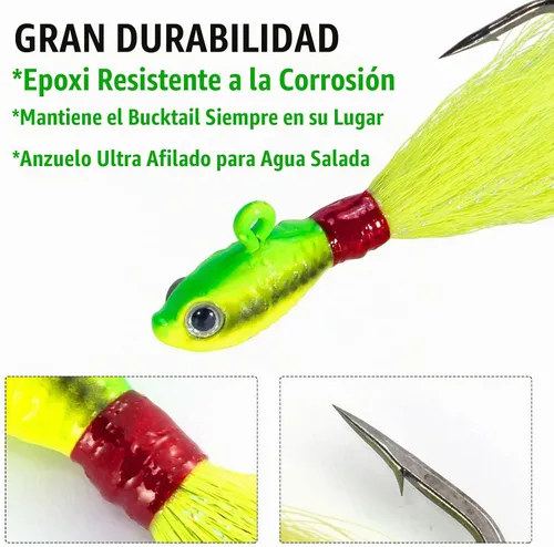 Vista 3 de Dr.Fish Paquete de 3 señuelos de cola de cubo para el cabello, señuelos de agua salada y dulce para pesca de surf, pesca, blanco, rojo, Chartreuse