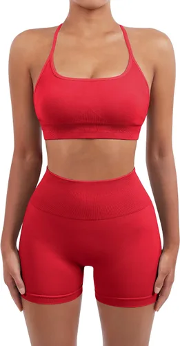 Vista 3 de SUUKSESS Conjuntos de entrenamiento sin costuras para mujer, sujetador deportivo con tiras y cintura alta, pantalones cortos