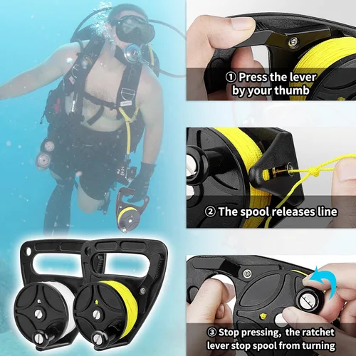 Vista 3 de Carrete de buceo con tapón de pulgar, resistente 46m/150ft White Line SMB Scuba Ratchet Dive Reel con interruptor de tope de mango para cueva
