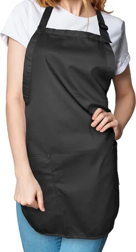 Vista 5 de Delantal de cocina para restaurante u hogar, estilo pechera, de hilado de poli algodón (2 bolsillos), Algodón, Negro, 30