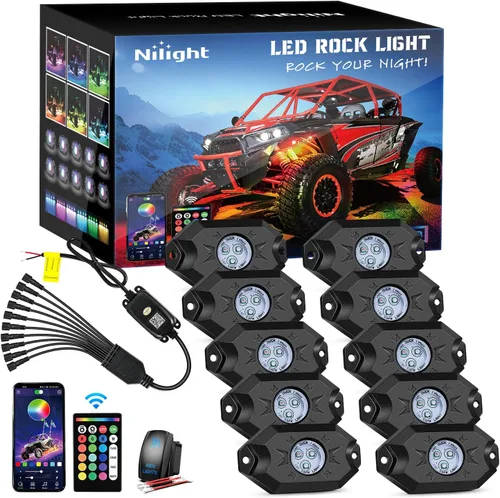 Vista 13 de Nilight Luz LED RGB para látigo, 2 unidades, 3 pies, con 4 luces de roca RGB-Látigo+Roca