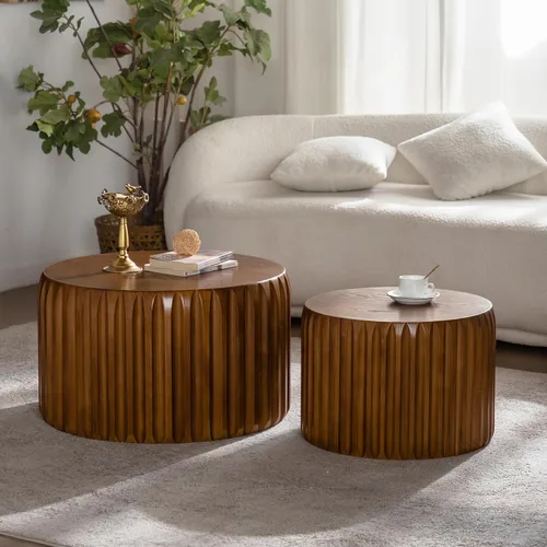 Vista 15 de Juego de 2 mesas de centro redondas negras de 55.12 pulgadas, mesa lateral moderna para sala de estar, diseño contemporáneo de círculo de madera
