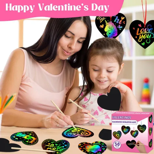 Vista 8 de MDCGFOD Paquete de 50 regalos para el día de San Valentín para niños, cuna de corazón para arañar arco iris, manualidades de San Valentín para 50
