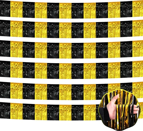 Vista 18 de Paquete de 6 guirnaldas de flecos de papel de aluminio negro de 10 pies con serpentinas metálicas de oropel para colgar en la pared, telón de fondo
