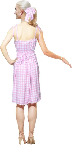 Vista 2 de Vowdicua Vestido rosa para disfraz de película, cosplay, a cuadros, vestidos casuales de verano para mujeres y niños, talla L