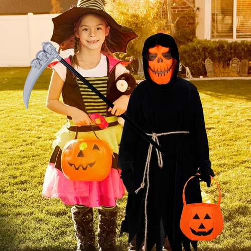 Vista 4 de Toulite Disfraz de calabaza de espantapájaros de Halloween, juego de disfraz de calabaza parca de calabaza, máscara de calabaza, bolsa de dulces