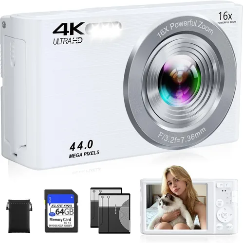 Vista 12 de Cámara digital 4K, cámara digital compacta digital de enfoque automático, zoom digital de 16X, cámara de viaje mejorada con tarjeta SD de 64 GB, 2